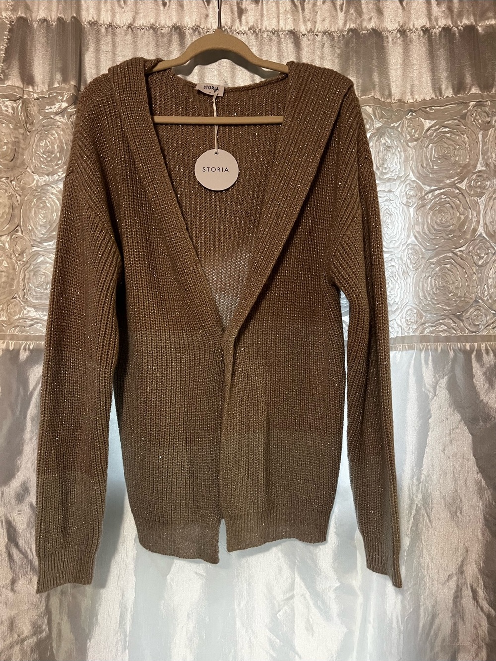 Storia Women's Hooded Open-Front Brown Knit Cardigan